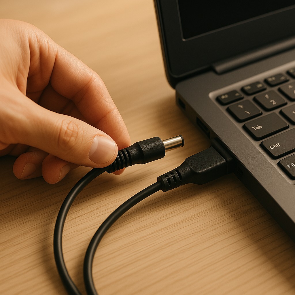 Orang sedang mencolokkan charger ke laptop untuk mengisi daya