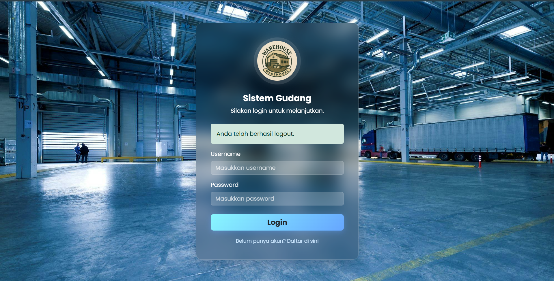 Antarmuka login modern untuk aplikasi manajemen gudang.